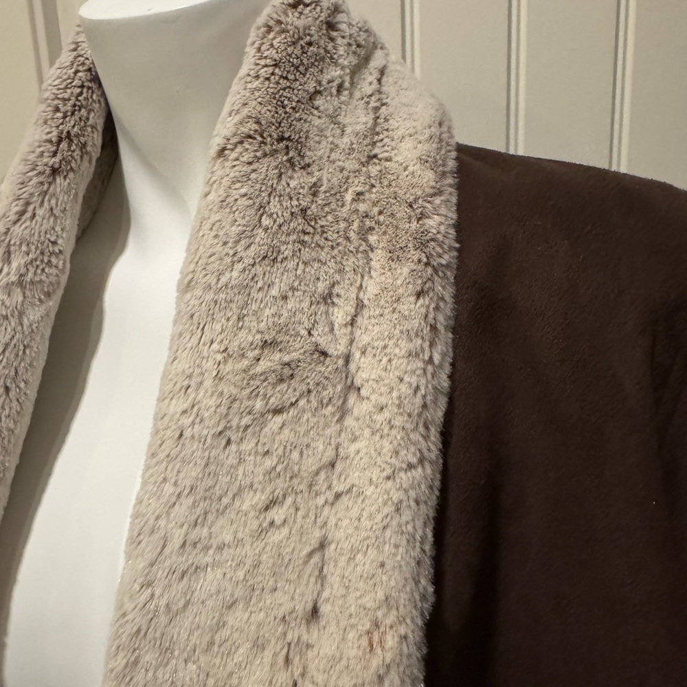 Kial Brown Open Front Cozy Plush Jacket Suede-Look Soft Coat - Picture 4 of 7